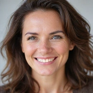 Porträt von Anna M., einer glücklichen Frau mittleren Alters.