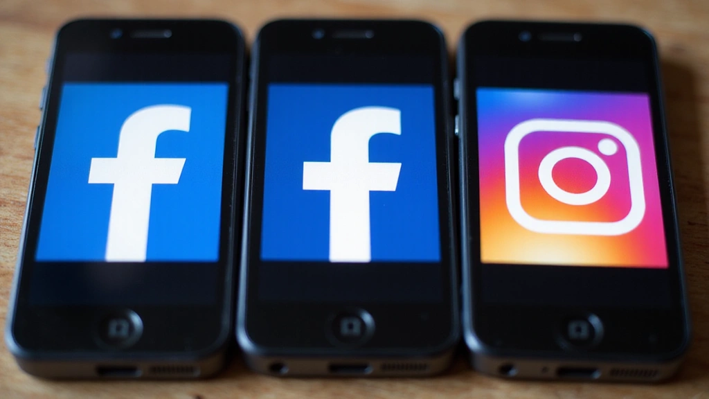 Drei Smartphones mit Social-Media-Logos auf dem Bildschirm, die auf Facebook und Instagram verweisen.